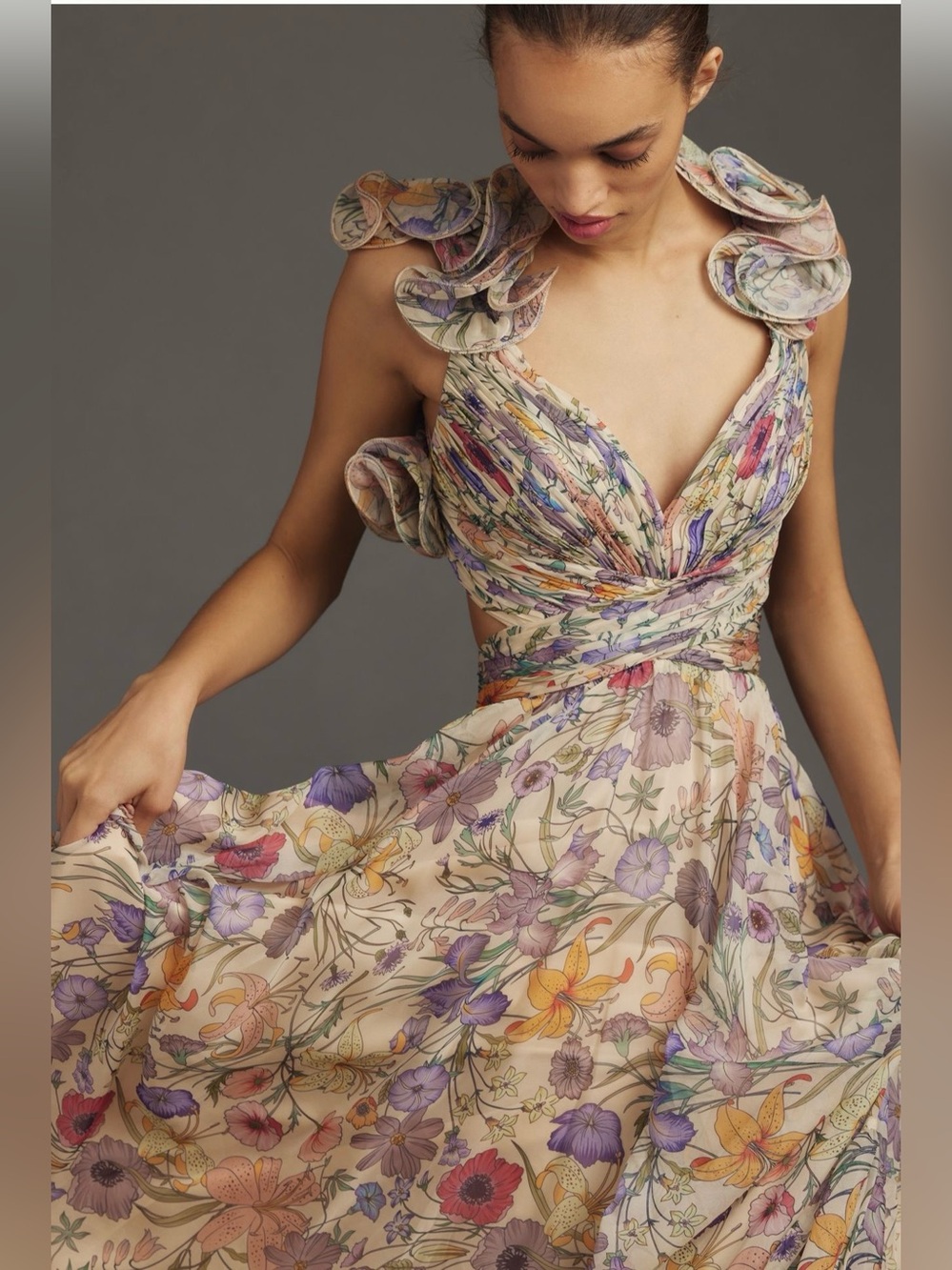 Mac Duggal Ruffle-Sleeve V-Neck Tiered Chiffon Maxi Dress - size 6 - Picture 3 of 9